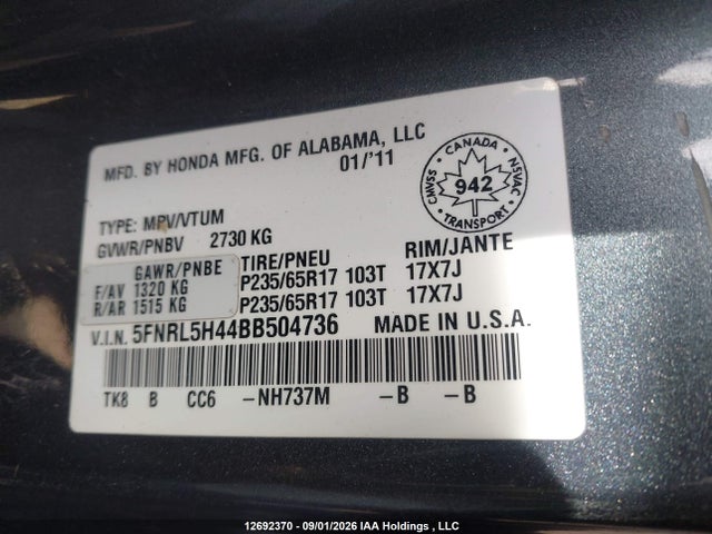 Продажа на аукционе авто 2011 Honda Odyssey Ex, vin: 5FNRL5H44BB504736, номер лота: 12692370