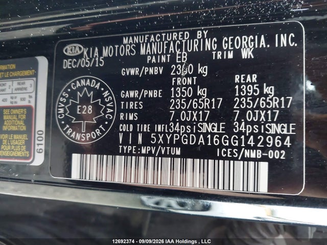 2016 Kia Sorento 2.0l Ex/2.0l Lx+ მანქანა იყიდება აუქციონზე, vin: 5XYPGDA16GG142964, აუქციონის ნომერი: 12692374