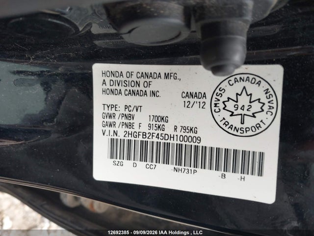 12692385 :رقم المزاد ، 2HGFB2F45DH100009 vin ، 2013 Honda Civic Lx مزاد بيع