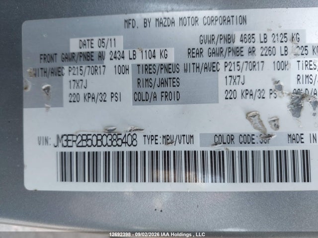 Aukcja sprzedaży 2011 Mazda Cx-7 Gx, vin: JM3ER2B50B0385408, numer aukcji: 12692398