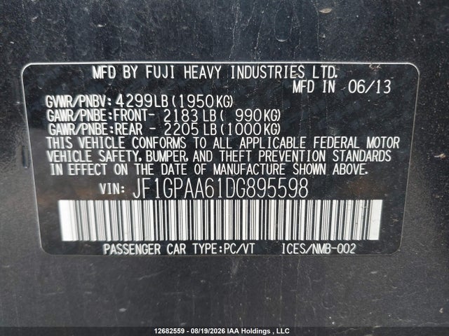 Продажа на аукционе авто 2013 Subaru Impreza 2.0i, vin: JF1GPAA61DG895598, номер лота: 12682559