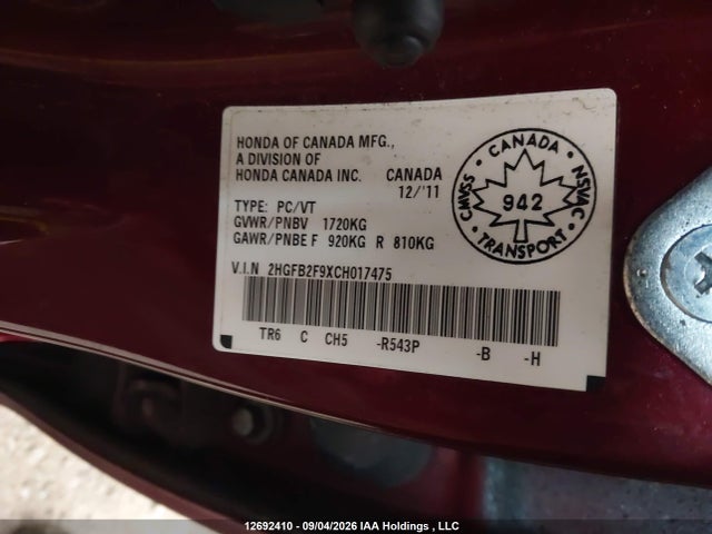 2012 Honda Civic Ex-l მანქანა იყიდება აუქციონზე, vin: 2HGFB2F9XCH017475, აუქციონის ნომერი: 12692410