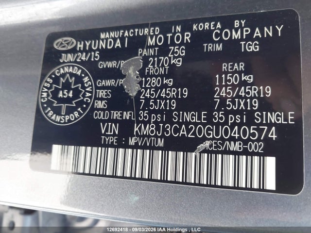 Aukcja sprzedaży 2016 Hyundai Tucson Ultimate, vin: KM8J3CA20GU040574, numer aukcji: 12692418