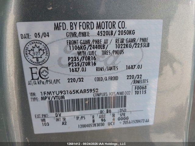 Продажа на аукционе авто 2005 Ford Escape Xlt, vin: 1FMYU93165KA85952, номер лота: 12681412