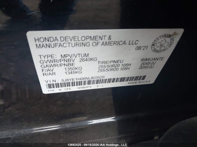 12692425 :رقم المزاد ، 5J8YE1H06NL803529 vin ، 2022 Acura Mdx A-spec مزاد بيع
