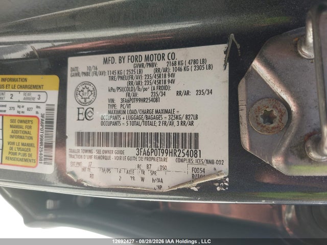 12692427 :رقم المزاد ، 3FA6P0T99HR254081 vin ، 2017 Ford Fusion Se مزاد بيع