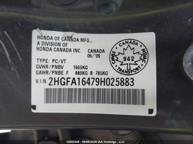 2009 Honda Civic მანქანა იყიდება აუქციონზე, vin: 2HGFA16479H025883, აუქციონის ნომერი: 12692445