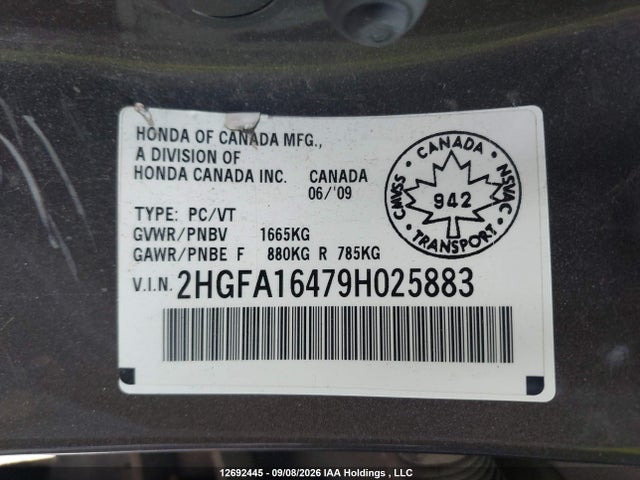 2009 Honda Civic მანქანა იყიდება აუქციონზე, vin: 2HGFA16479H025883, აუქციონის ნომერი: 12692445