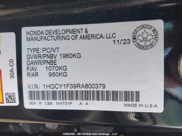 12692458 :رقم المزاد ، 1HGCY1F39RA800379 vin ، 2024 Honda Accord Ex مزاد بيع