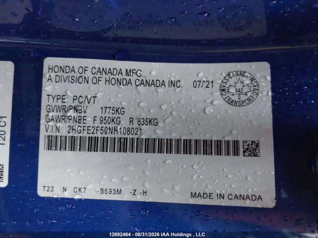 12692464 :رقم المزاد ، 2HGFE2F50NH108021 vin ، 2022 Honda Civic Sport مزاد بيع