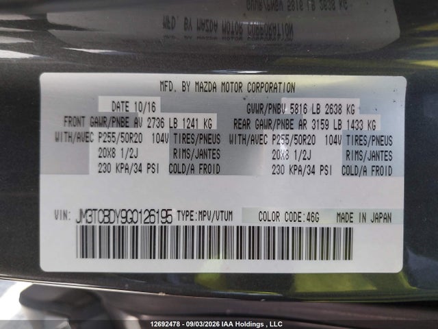 JM3TCBDY9G0126195 Mazda Cx-9 Gt
