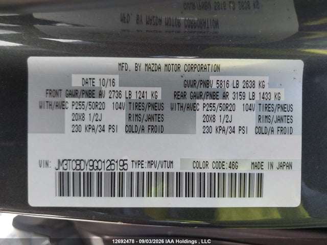 Mazda Cx-9 Gt 2016 JM3TCBDY9G0126195 Image 9