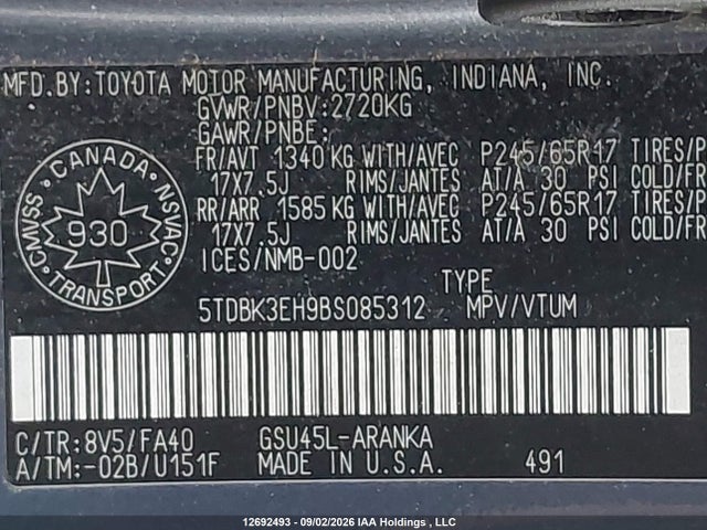 2011 Toyota Highlander V6 მანქანა იყიდება აუქციონზე, vin: 5TDBK3EH9BS085312, აუქციონის ნომერი: 12692493