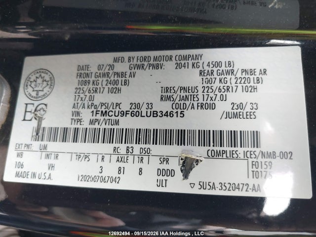 Ford ESCAPE S 2020 1FMCU9F60LUB34615 Image 19