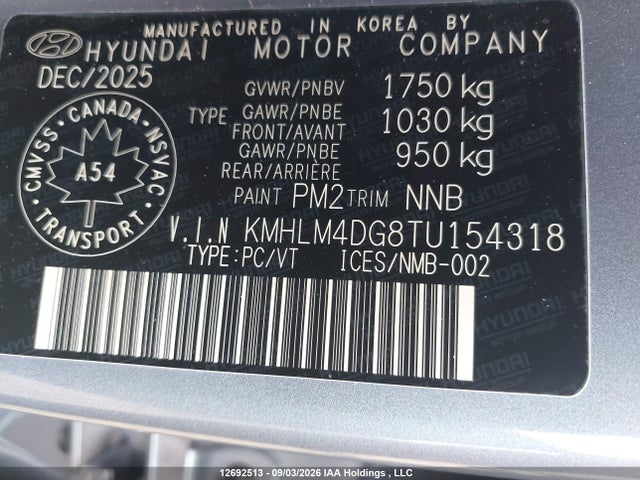 12692513 :رقم المزاد ، KMHLM4DG8TU154318 vin ، 2026 Hyundai Elantra مزاد بيع