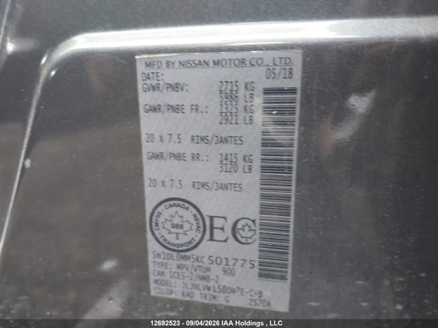 Aukcja sprzedaży 2019 Infiniti Qx60, vin: 5N1DL0MM5KC501775, numer aukcji: 12692523
