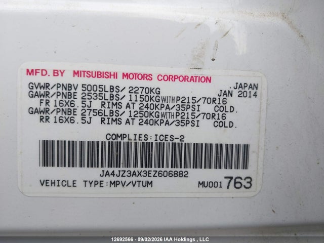 JA4JZ3AX3EZ606882 Mitsubishi Outlander Se