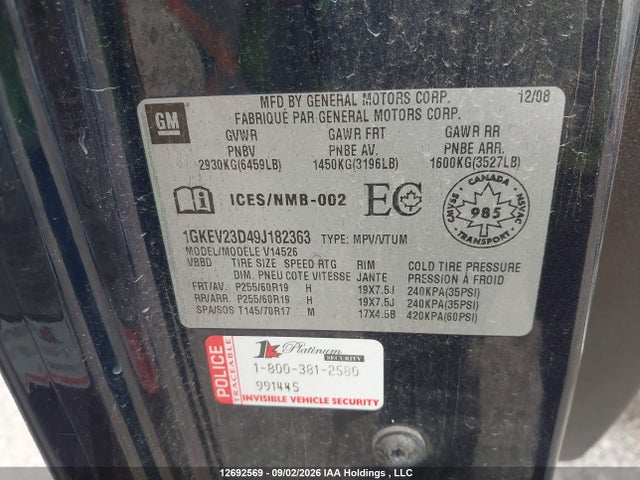 2009 Gmc Acadia Slt მანქანა იყიდება აუქციონზე, vin: 1GKEV23D49J182363, აუქციონის ნომერი: 12692569