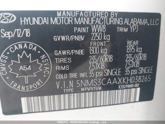 2019 Hyundai Santa Fe მანქანა იყიდება აუქციონზე, vin: 5NMS3CAAXKH038265, აუქციონის ნომერი: 12692572