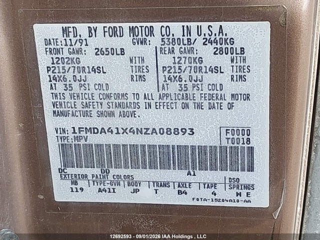 12692593 :رقم المزاد ، 1FMDA41X4NZA08893 vin ، 1992 Ford Aerostar مزاد بيع