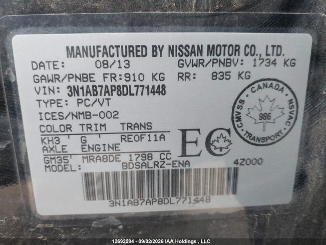 Продажа на аукционе авто 2013 Nissan Sentra 1.8 S/1.8 Sv, vin: 3N1AB7AP8DL771448, номер лота: 12692594