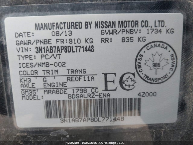 Продажа на аукционе авто 2013 Nissan Sentra 1.8 S/1.8 Sv, vin: 3N1AB7AP8DL771448, номер лота: 12692594