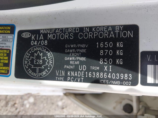 Aukcja sprzedaży 2008 Kia Rio 5 Sx, vin: KNADE163886403983, numer aukcji: 12692595