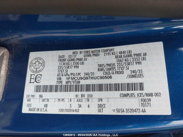 Продаж на аукціоні авто 2017 Ford Escape Se, vin: 1FMCU9G97HUC90506, номер лоту: 12692612