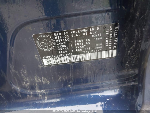 12692617 :رقم المزاد ، 3VWML7AJ0DM676036 vin ، 2013 Volkswagen Golf 2.0 Tdi Comfortline/2.0 Tdi Highline مزاد بيع