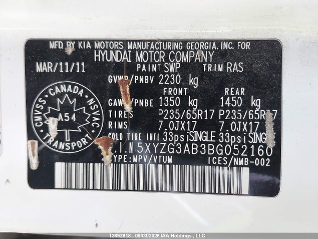 Aukcja sprzedaży 2011 Hyundai Santa Fe, vin: 5XYZG3AB3BG052160, numer aukcji: 12692618