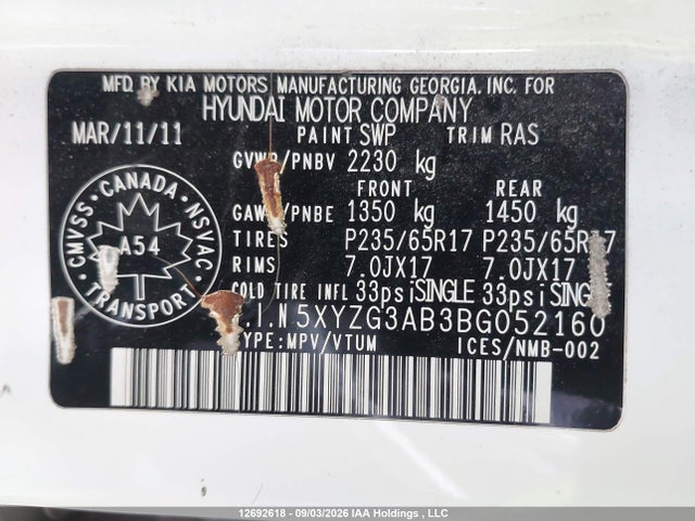 Aukcja sprzedaży 2011 Hyundai Santa Fe, vin: 5XYZG3AB3BG052160, numer aukcji: 12692618