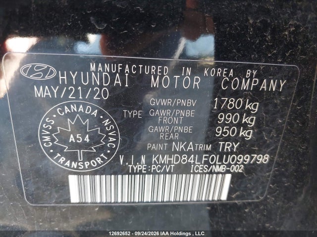 12692652 :رقم المزاد ، KMHD84LF0LU099798 vin ، 2020 Hyundai Elantra مزاد بيع