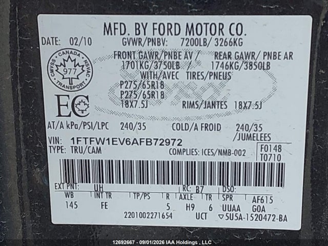 12692667 :رقم المزاد ، 1FTFW1EV6AFB72972 vin ، 2010 Ford F150 Supercrew مزاد بيع