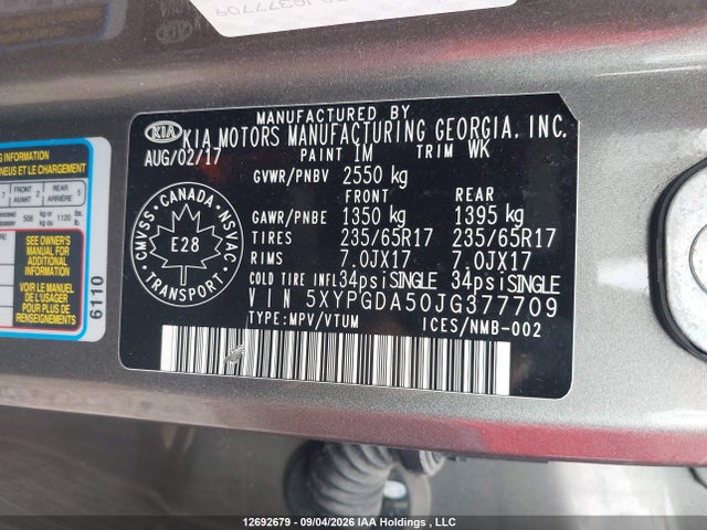 Продажа на аукционе авто 2018 Kia Sorento Lx/l, vin: 5XYPGDA50JG377709, номер лота: 12692679