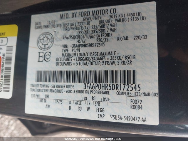 Aukcja sprzedaży 2013 Ford Fusion Se, vin: 3FA6P0HR5DR172545, numer aukcji: 12692680