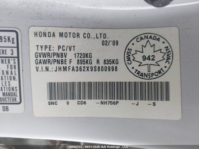 2009 Honda Civic მანქანა იყიდება აუქციონზე, vin: JHMFA362X9S800998, აუქციონის ნომერი: 12692703
