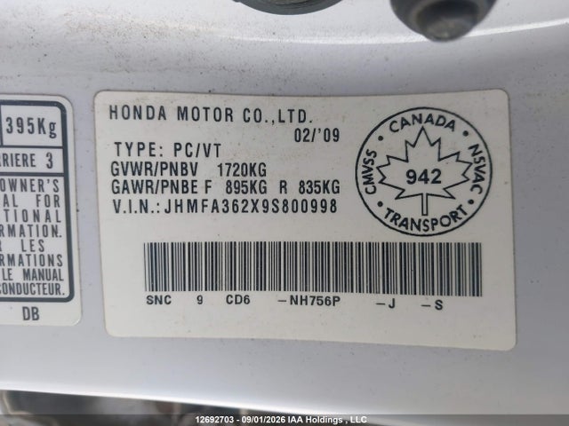 2009 Honda Civic მანქანა იყიდება აუქციონზე, vin: JHMFA362X9S800998, აუქციონის ნომერი: 12692703