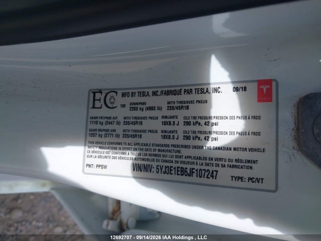 Auction sale of the 2018 Tesla Model 3, vin: 5YJ3E1EB6JF107247, lot number: 12692707
