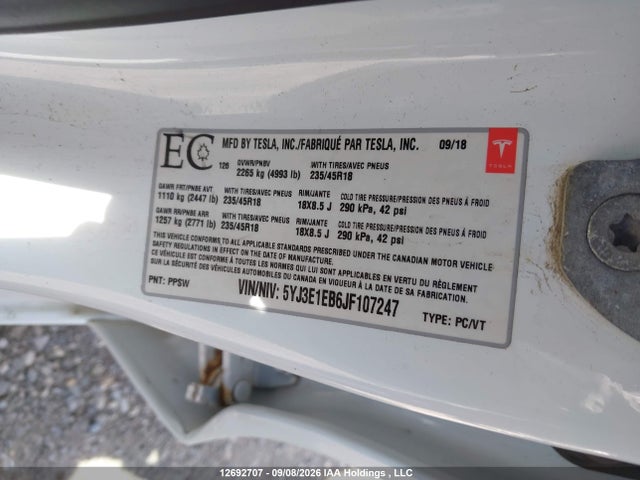 Auction sale of the 2018 Tesla Model 3, vin: 5YJ3E1EB6JF107247, lot number: 12692707