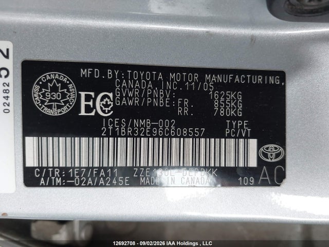 12692708 :رقم المزاد ، 2T1BR32E96C608557 vin ، 2006 Toyota Corolla Ce/le/s مزاد بيع