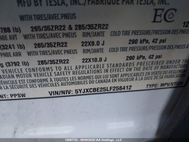 12692722 :رقم المزاد ، 5YJXCBE25LF256412 vin ، 2020 Tesla Model X مزاد بيع