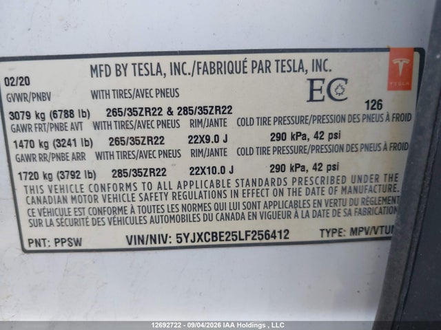 12692722 :رقم المزاد ، 5YJXCBE25LF256412 vin ، 2020 Tesla Model X مزاد بيع