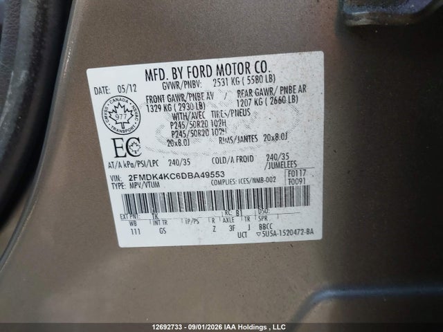 Продаж на аукціоні авто 2013 Ford Edge Limited, vin: 2FMDK4KC6DBA49553, номер лоту: 12692733