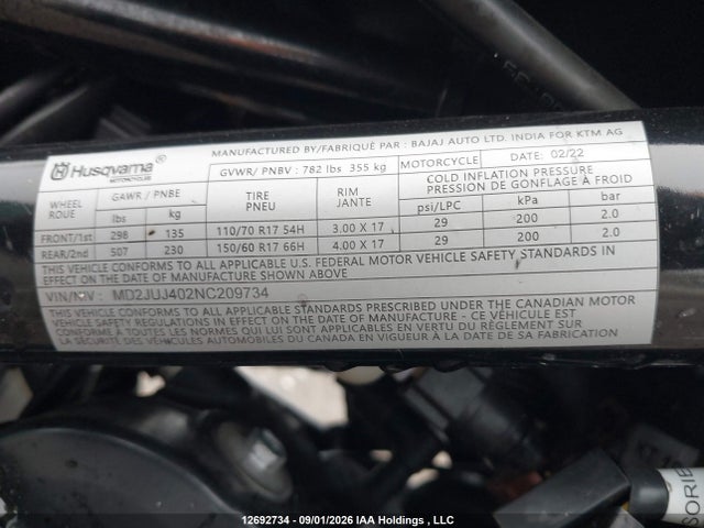 Продаж на аукціоні авто 2022 Husqvarna Vitpilen 401/svartpilen 401, vin: MD2JUJ402NC209734, номер лоту: 12692734
