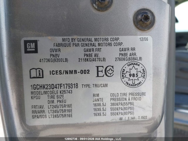 12692736 :رقم المزاد ، 1GCHK23D47F179318 vin ، 2007 Chevrolet Silverado K2500 Heavy Duty مزاد بيع