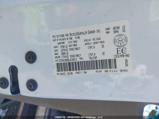 12692739 :رقم المزاد ، 1D7HA18N96J210613 vin ، 2006 Dodge Ram 1500 St مزاد بيع