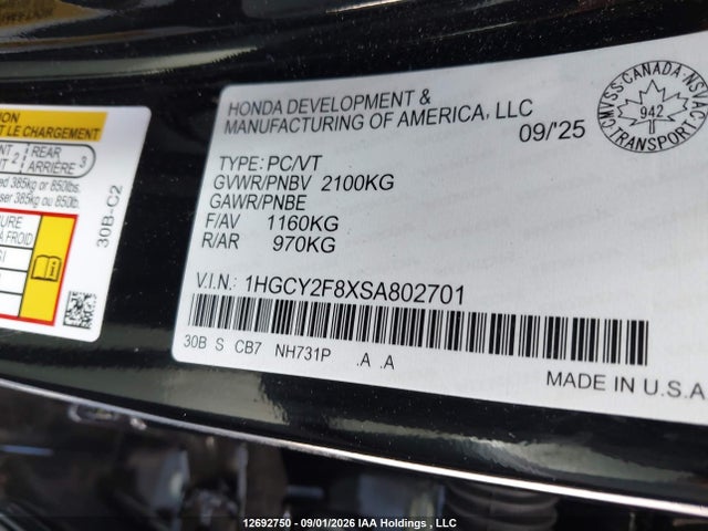 Продаж на аукціоні авто 2025 Honda Accord Touring Hybrid, vin: 1HGCY2F8XSA802701, номер лоту: 12692750