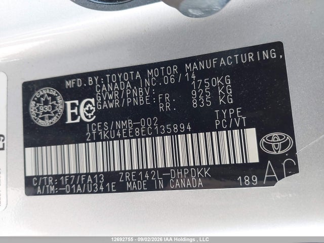 12692755 :رقم المزاد ، 2T1KU4EE8EC135894 vin ، 2014 Toyota Matrix Wagon مزاد بيع