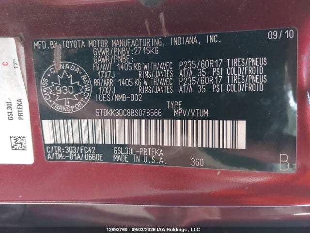 Продаж на аукціоні авто 2011 Toyota Sienna Le 8 Passenger, vin: 5TDKK3DC8BS078566, номер лоту: 12692760