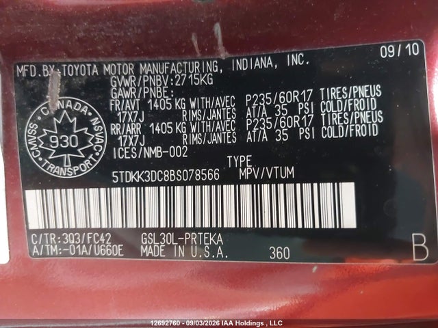 Продаж на аукціоні авто 2011 Toyota Sienna Le 8 Passenger, vin: 5TDKK3DC8BS078566, номер лоту: 12692760